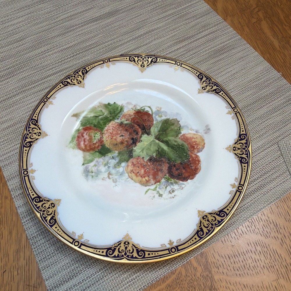 Vtg Copeland Spode 9" Plate Fruit Strawberries Cobalt/Gilt Rim Excellent